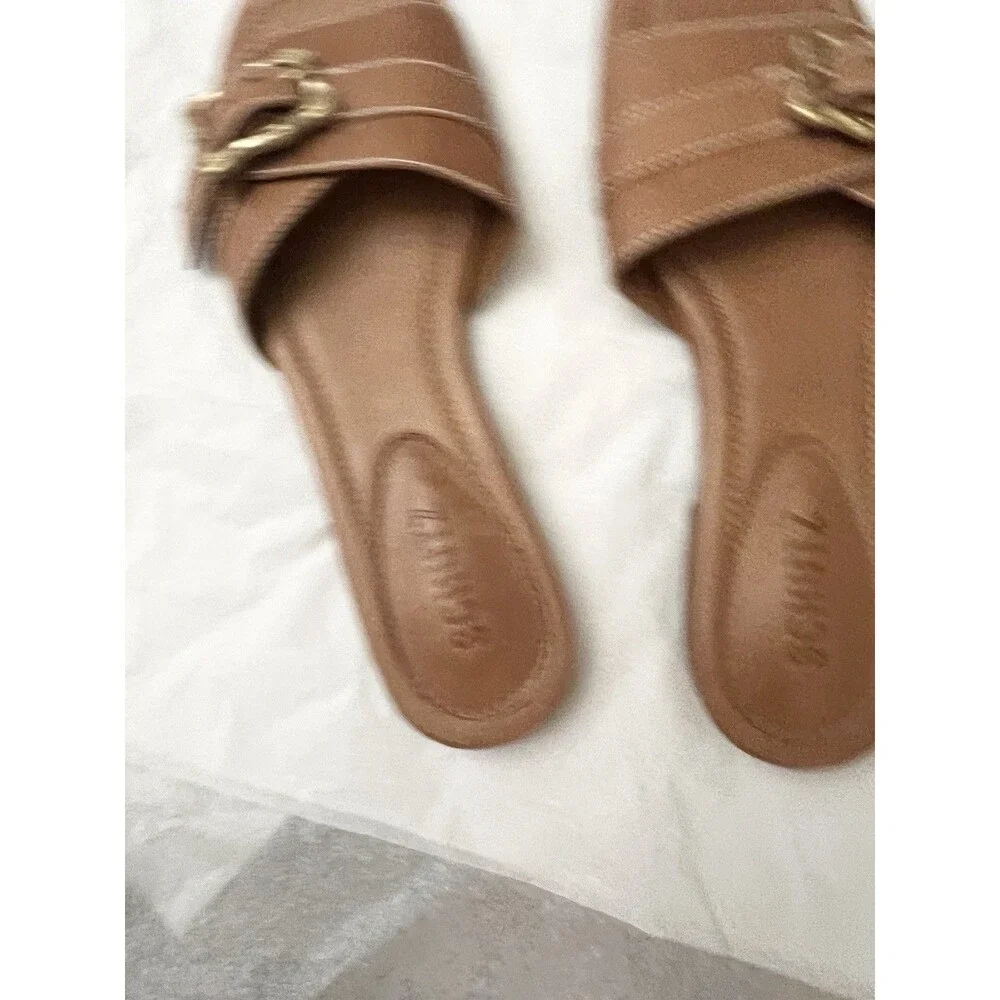 Schutz Wavy Sandals Size 7.5 $155 Brown Leather Flats Buckle Slides Casual Shoes